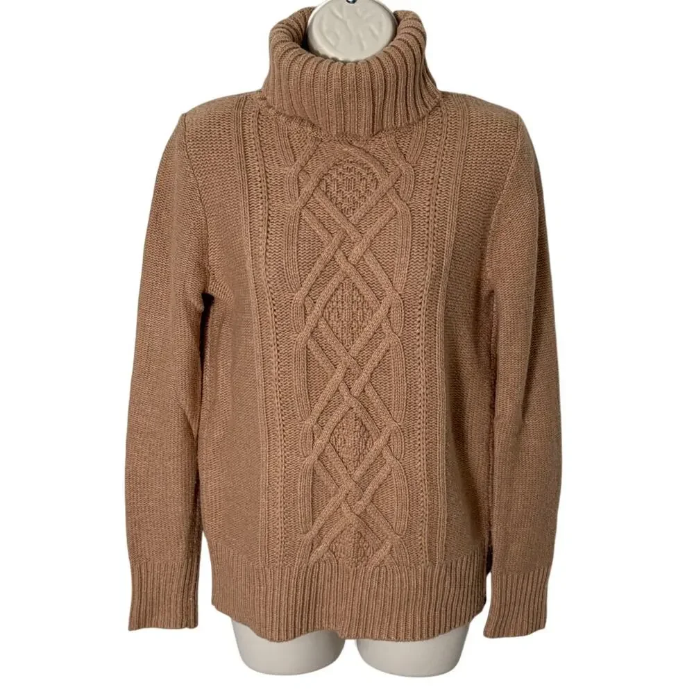 J. Crew Womens Cambridge Cable Knit Turtleneck Sweater Camel‎ B2795 Size S